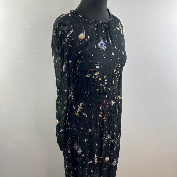 ZARA Black Celestial Dress Galaxy Back Button Waist Smocked Jewel Neck Size XS - Picture 4 of 8